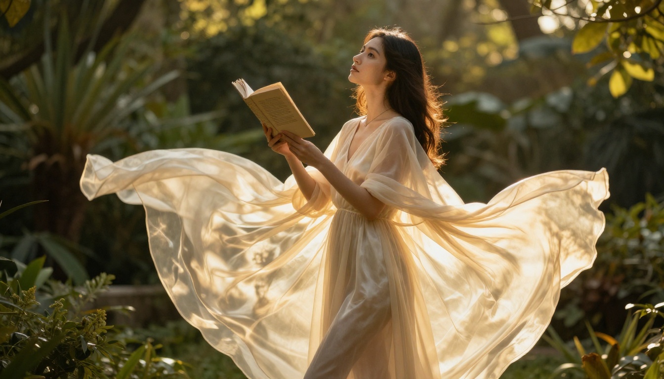Woman in sheer ivory silk dress in a botanical garden, golden afternoon light
