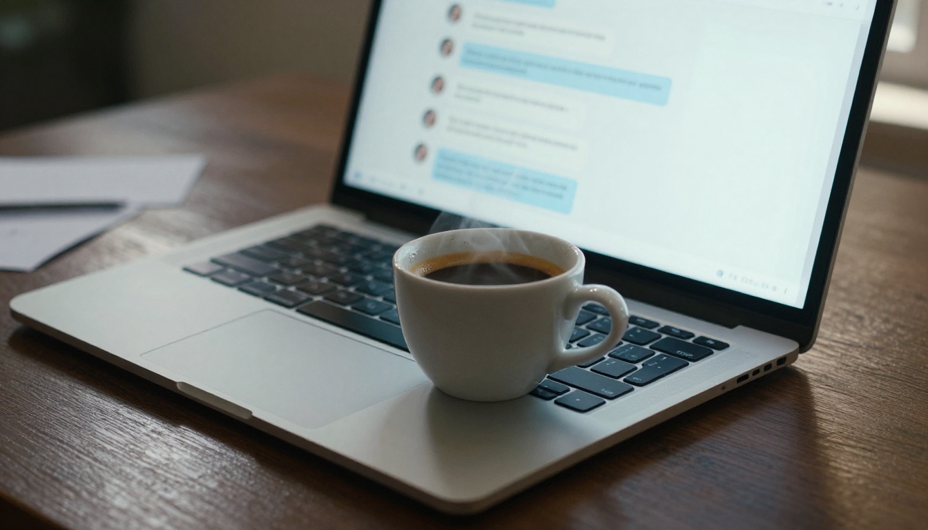 Open laptop displaying a chat AI interface on a wooden desk with espresso cup
