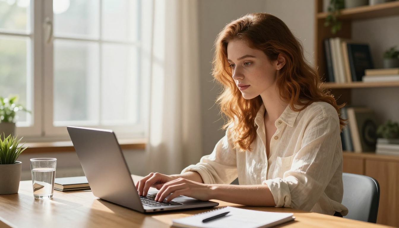 Young professional woman using AI video generation tools at a sunlit home studio desk