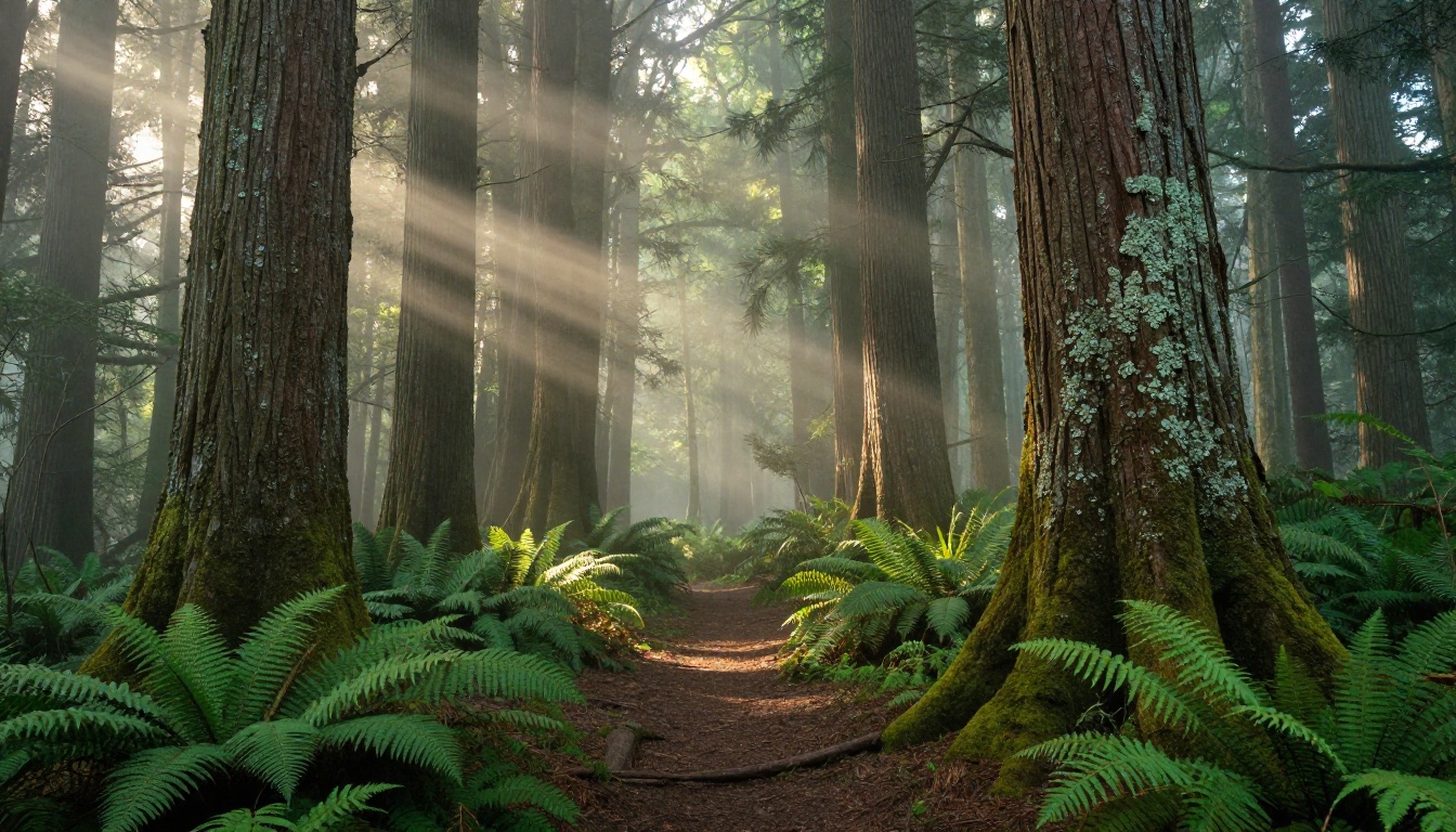 Dense ancient forest at dawn with light shafts through old-growth tree canopy, mist on moss-covered floor, narrow path leading into darkness, volumetric light, Fuji Provia color rendering