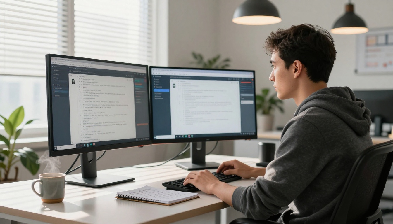AI developer comparing two language model interfaces on dual monitors in a modern office AI developer comparing two language model interfaces on dual monitors in a modern office