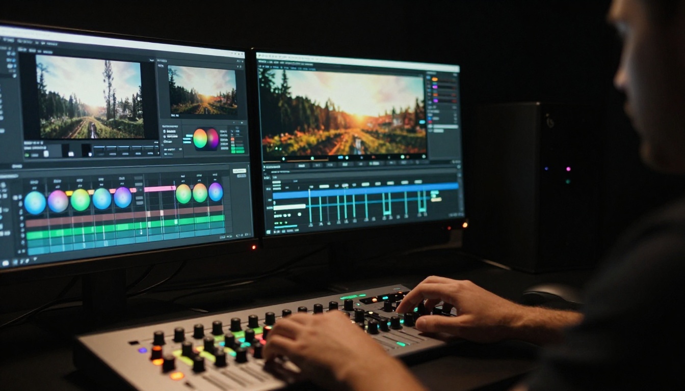 Professional color grading workstation with dual monitors showing a cinematic video timeline and color wheels, DaVinci Resolve panel with physical grading knobs in the foreground