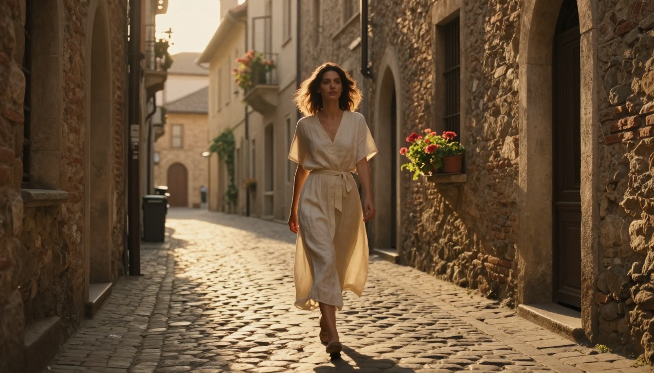 Woman in cream linen dress walking through a cobblestone alley at golden hour, warm backlight rim-lighting her figure, ancient stone walls flanking the frame in sharp focus
