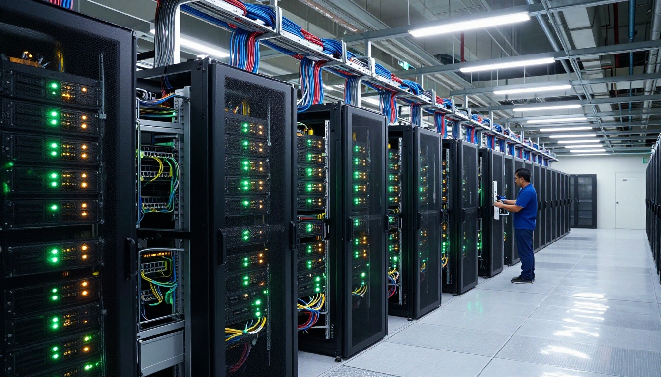 Large AI data center with rows of server racks under precise overhead lighting Large AI data center with rows of server racks under precise overhead lighting