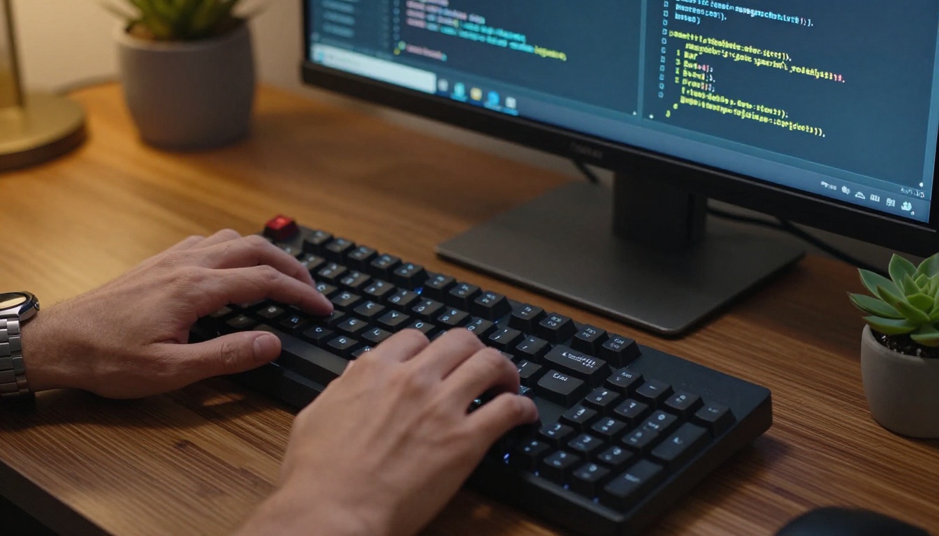 Close-up of programmer hands typing on a mechanical keyboard with code visible on screen Close-up of programmer hands typing on a mechanical keyboard with code visible on screen
