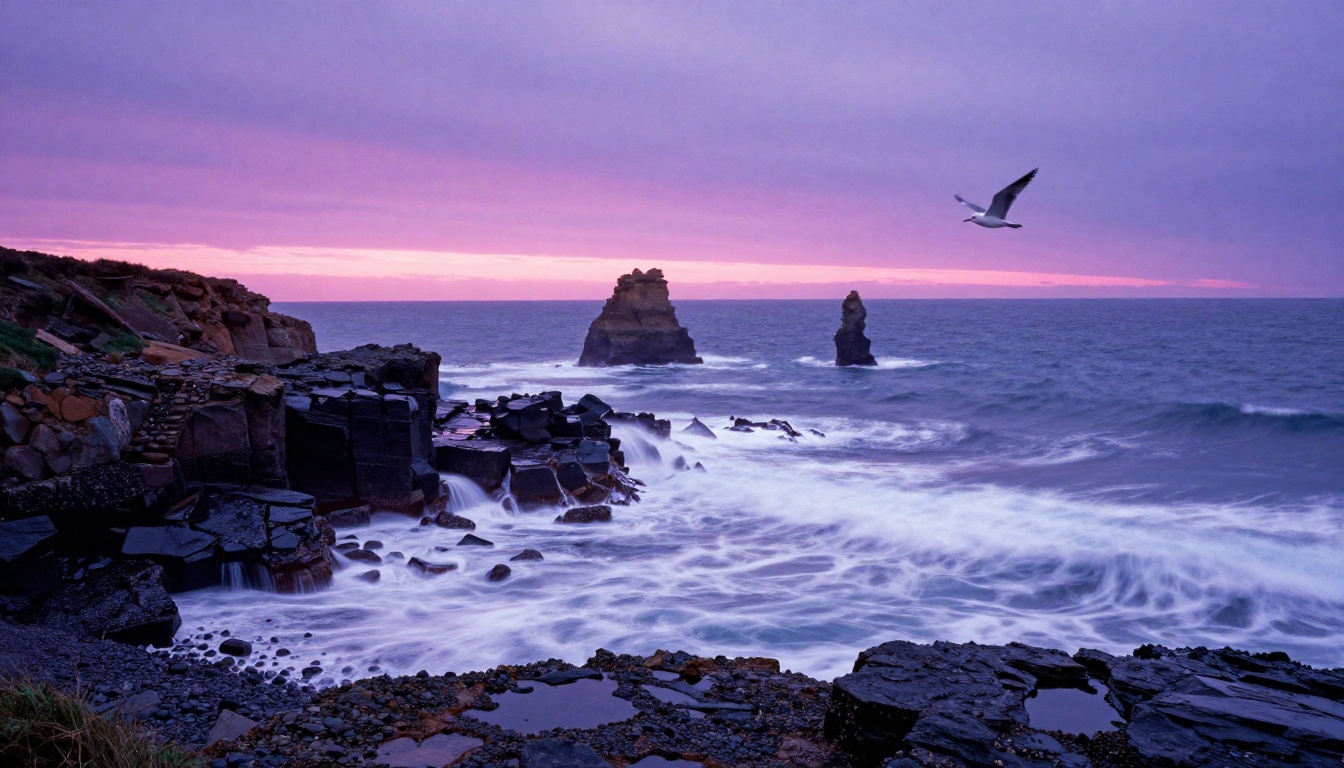 Wide ocean coastline at dusk with crashing waves against basalt sea stacks, rich magenta-to-violet horizon, long-exposure foam trails across the rocky foreground beach