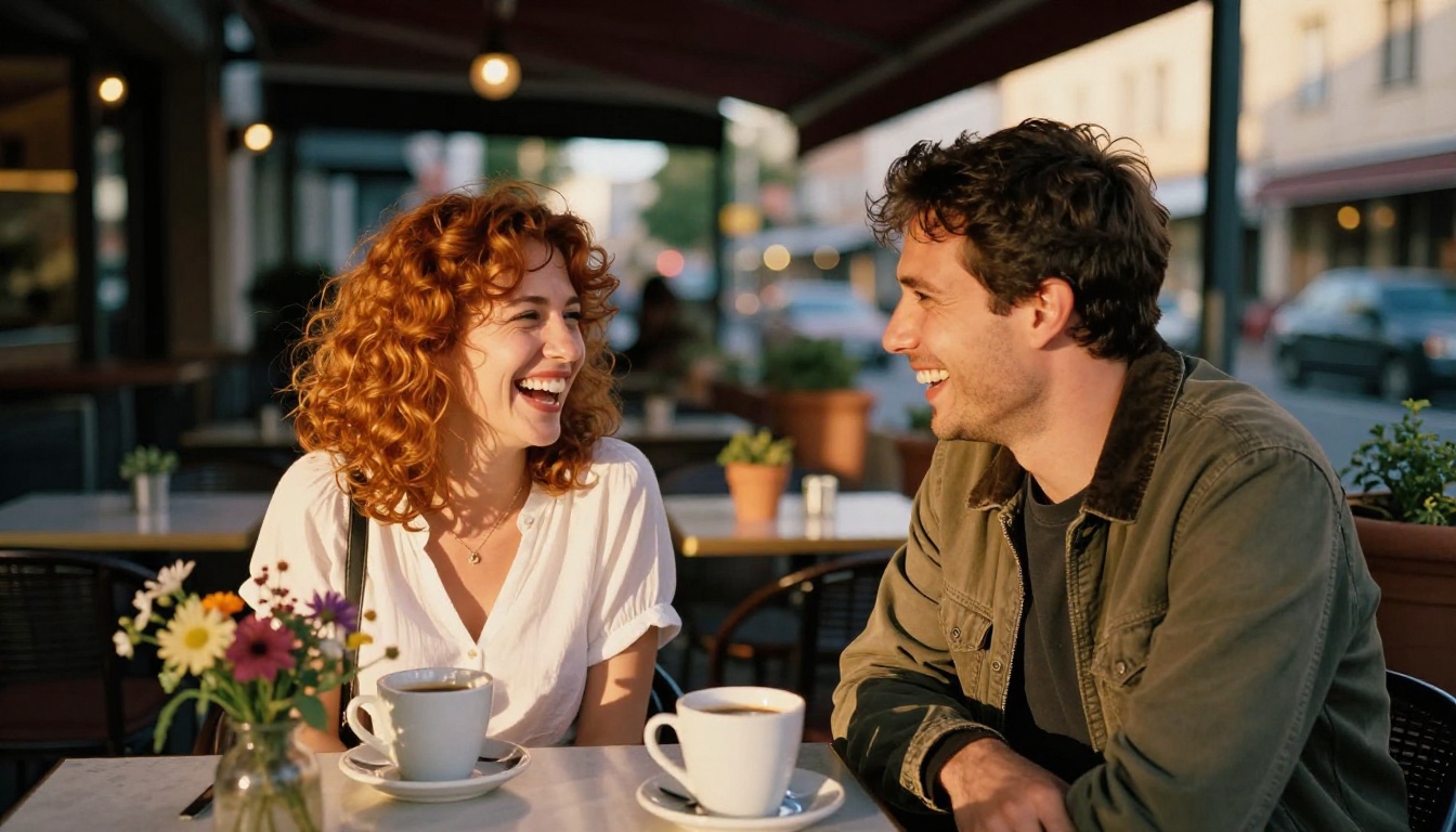 Two friends laughing at an outdoor cafe table at golden hour, one with curly auburn hair, warm amber string lights beginning to glow, wildflowers in a vase on the foreground table