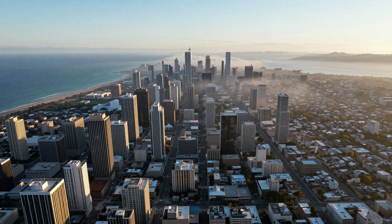 Aerial dawn photograph of a coastal city showing the cinematic scope video AI can replicate
