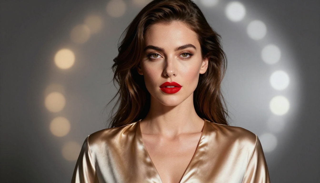 Glamour studio portrait with bold red lips and split-tone lighting