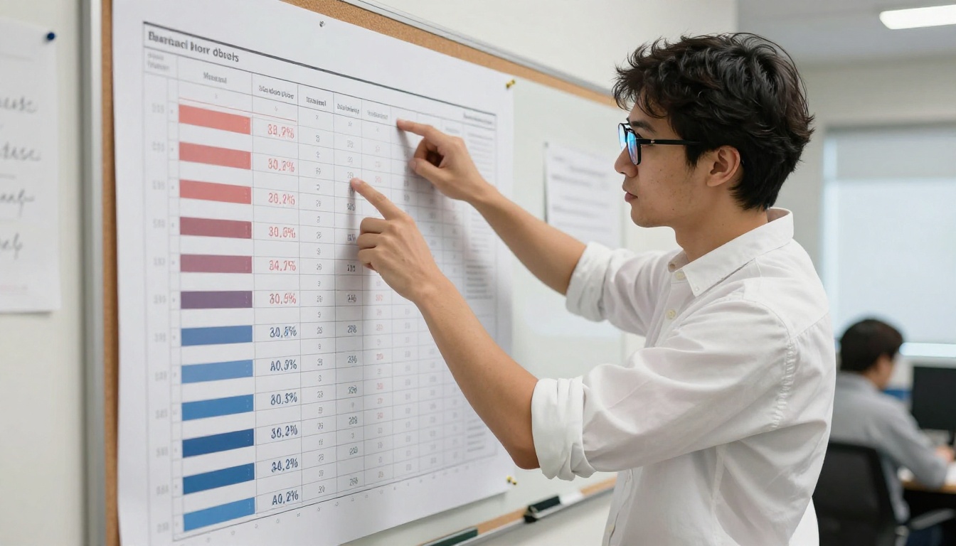 Data scientist pointing at AI benchmark charts pinned to a corkboard in a research office Data scientist pointing at AI benchmark charts pinned to a corkboard in a research office