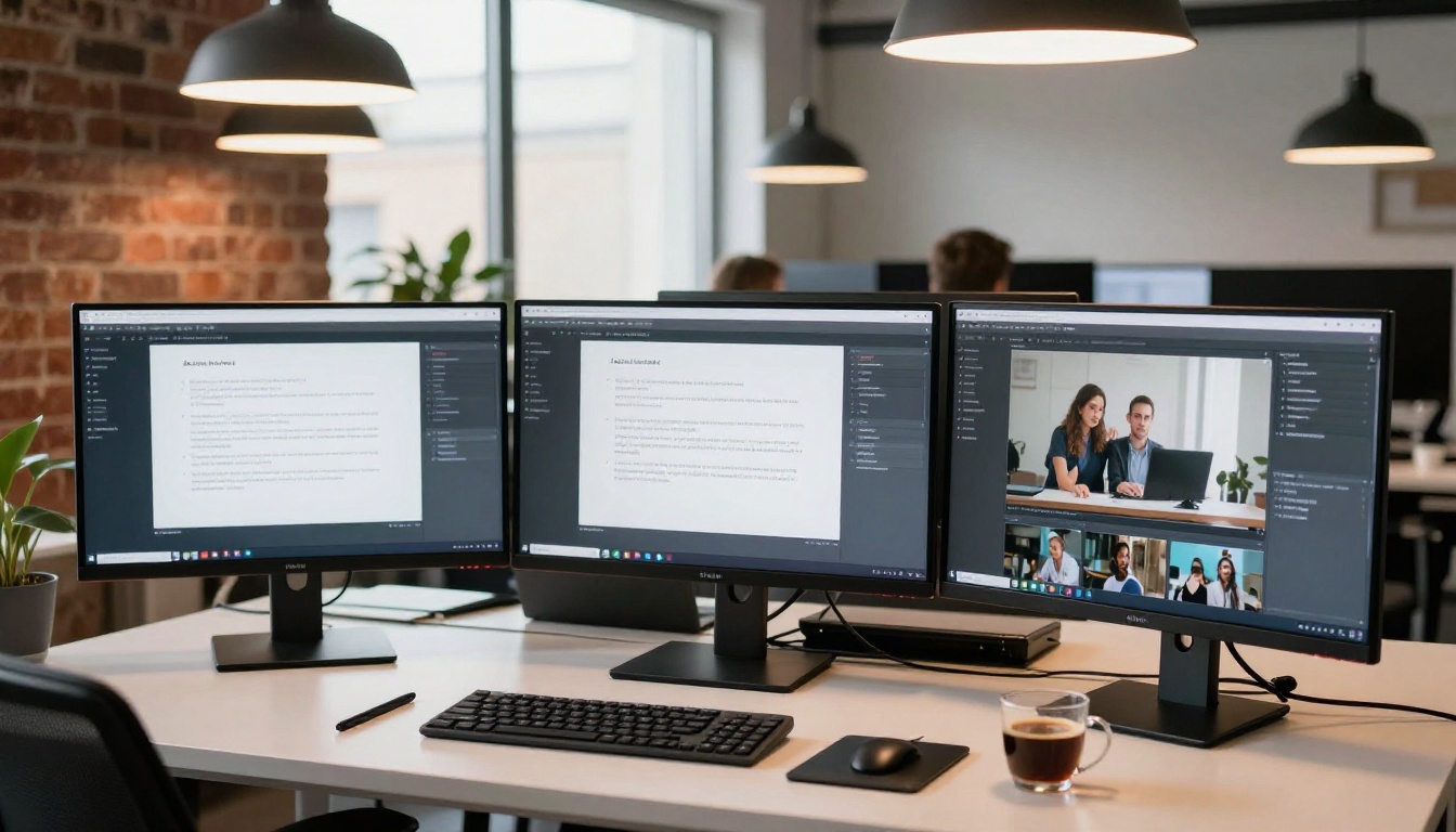 Three monitors in a creative agency office displaying AI video generation platforms and workflows