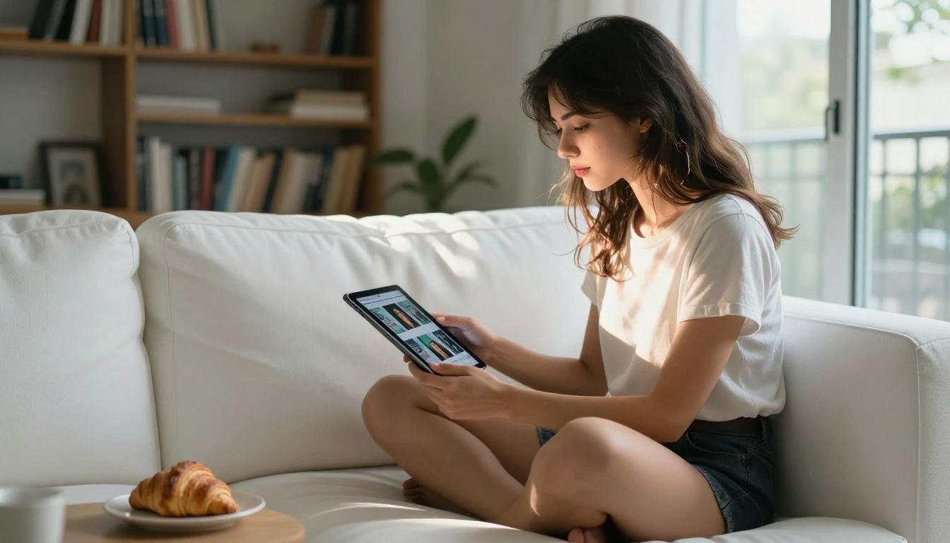 Woman sitting on a modern white couch analyzing an AI multimodal interface on a tablet Woman sitting on a modern white couch analyzing an AI multimodal interface on a tablet