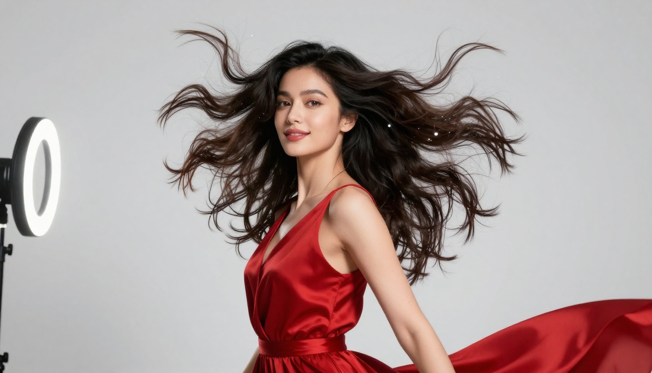 Dynamic motion portrait in crimson silk, hair suspended mid-spin