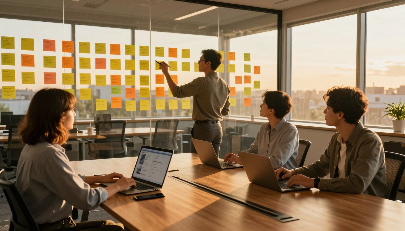 Three professionals in a glass-walled meeting room reviewing AI comparison documents around a conference table