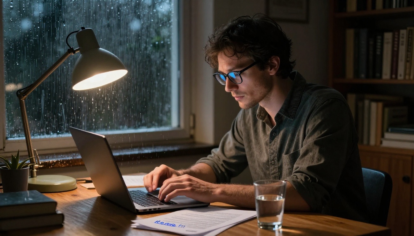 Male writer at night reading AI-generated text on a laptop lit by a warm desk lamp beside a rain-streaked window
