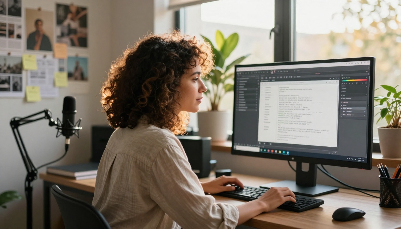 Creative professional woman with curly hair working at a dual-monitor home studio with AI writing tools on screen