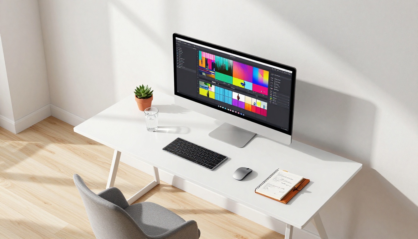 Aerial view of a minimalist home office setup with ultrawide monitor displaying video editing interface