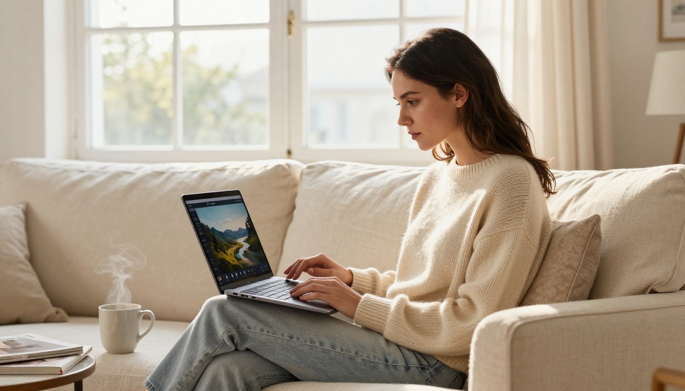 Woman reviewing AI video output on a laptop from a comfortable living room sofa