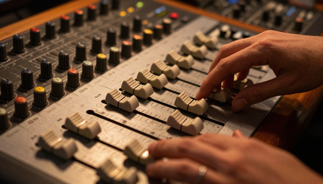 Professional music producer's hands on an SSL mixing console faders in warm amber studio lighting