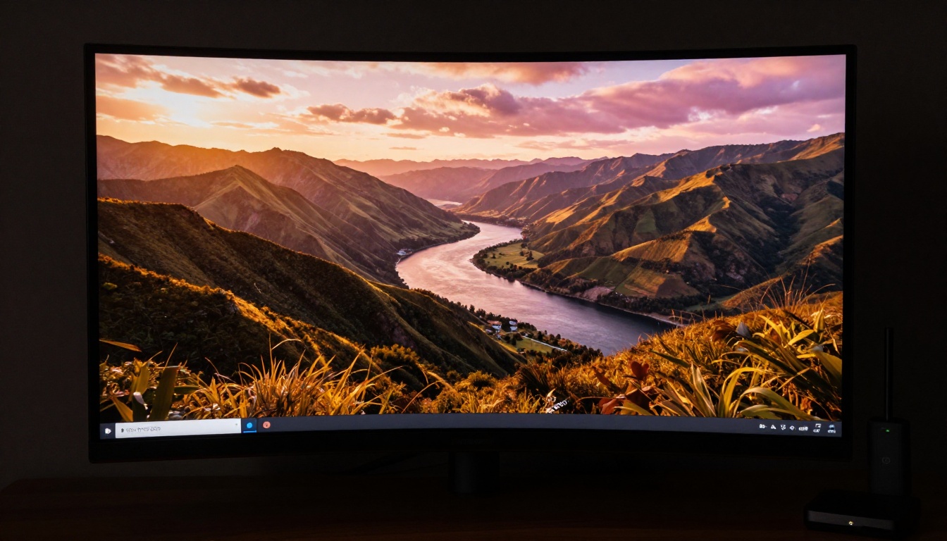 Large curved monitor displaying a cinematic AI-generated landscape at golden hour