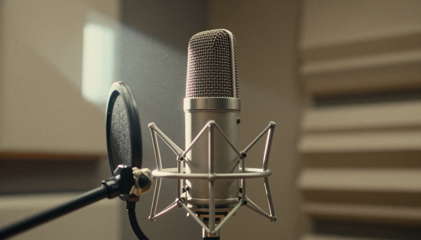 Vintage condenser microphone centered inside a professional vocal recording booth with soft diagonal morning light