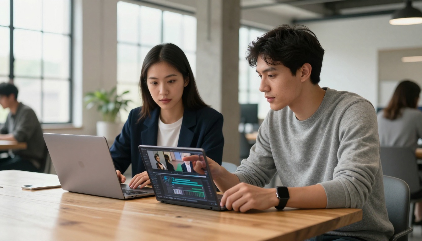 Two content creators collaborating over a laptop in a modern co-working space