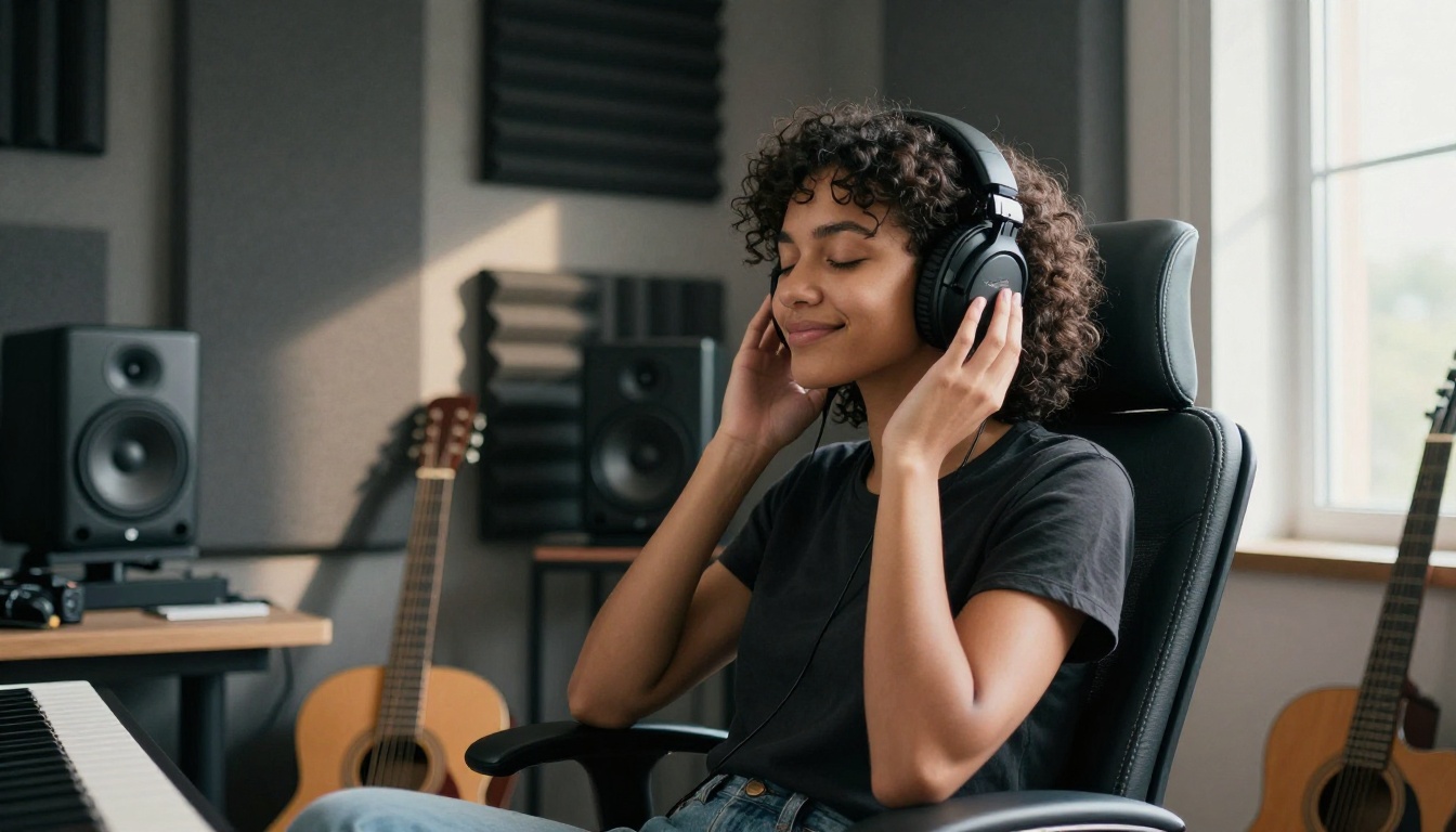 Young woman listening to AI-generated music on studio headphones with eyes closed, peaceful smile in a modern home studio