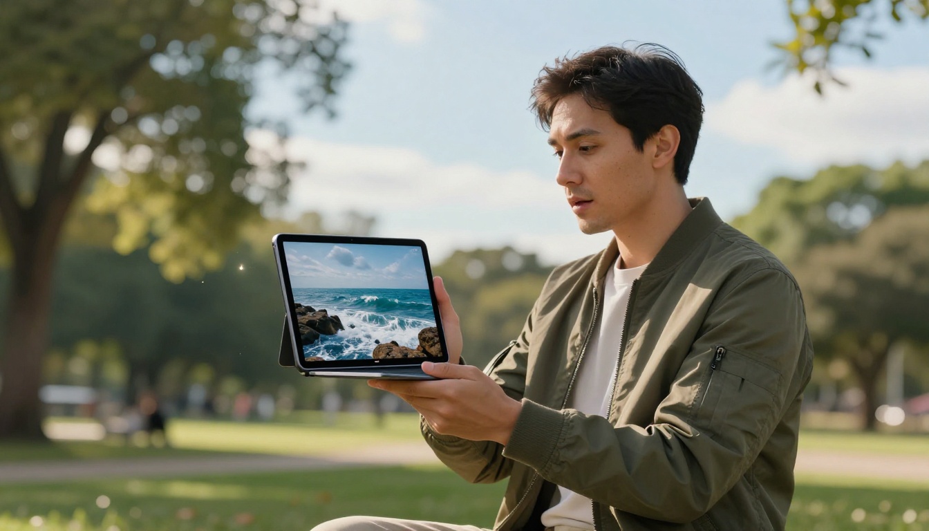 Man reviewing AI-generated video output on a tablet in a park at golden hour