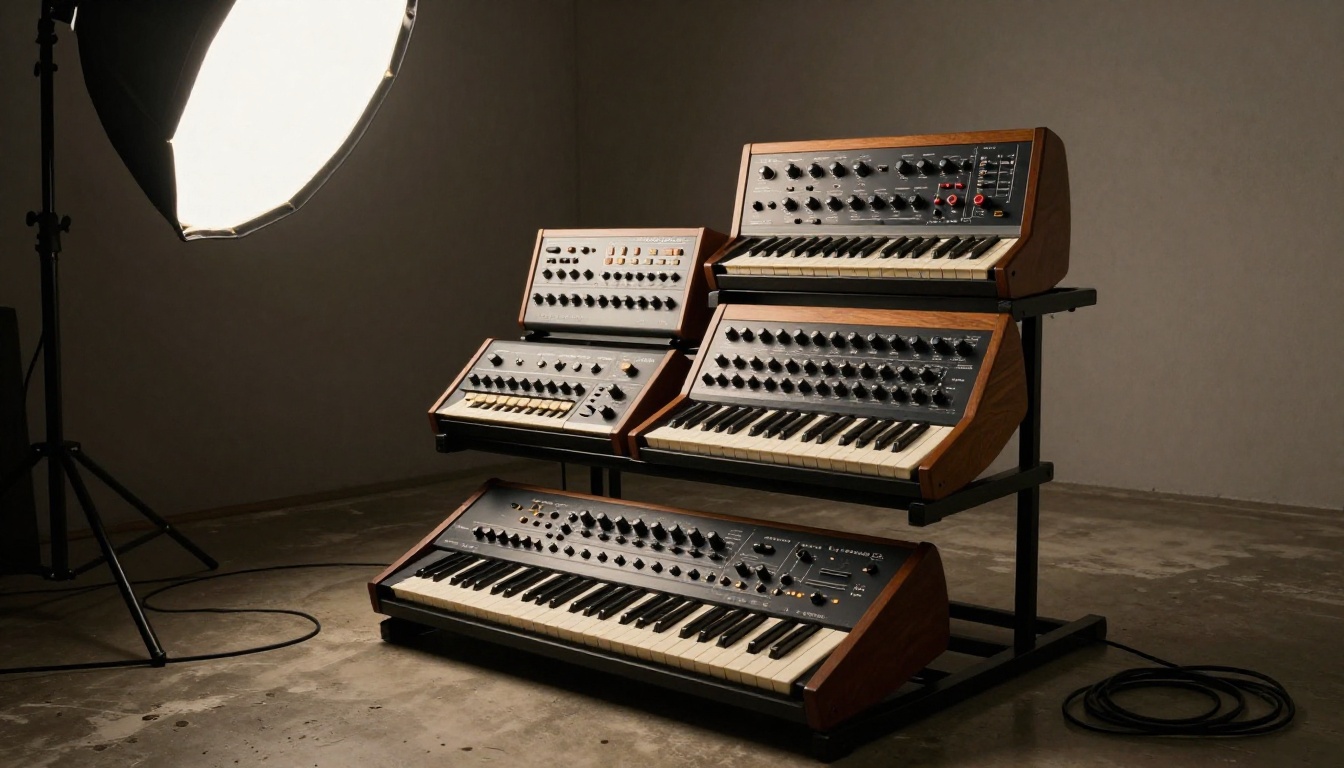 Analog synthesizers on a tiered keyboard stand in a dimly lit studio, low-angle shot looking up at the instrument panels