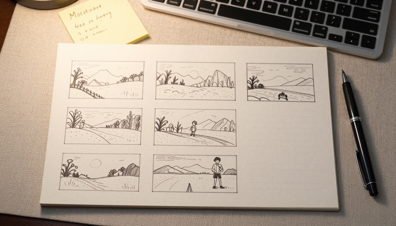 Hand-drawn video storyboard flat lay with six panels and handwritten notes on paper