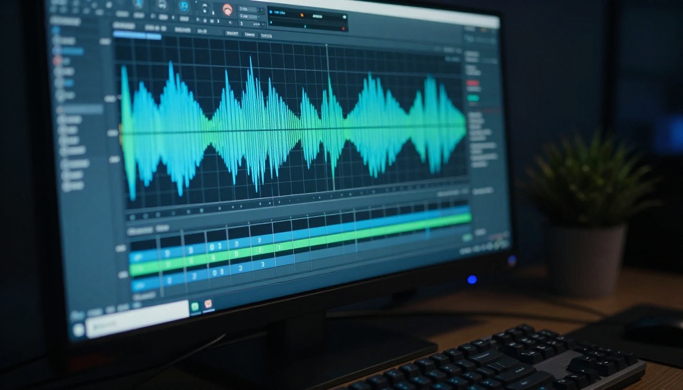 Professional DAW audio waveform interface on a dark curved monitor in a nighttime studio, keyboard in foreground
