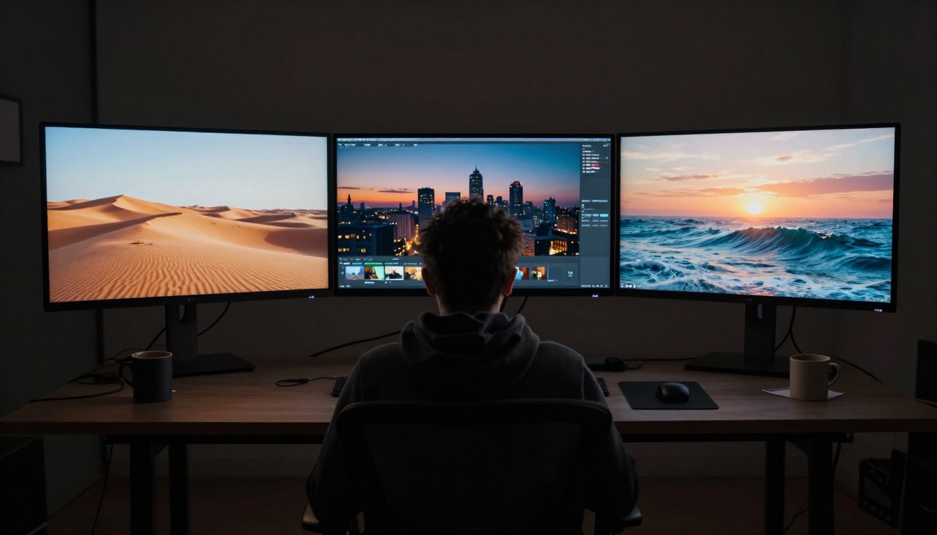 Video creator reviewing three different AI-generated outputs across multiple monitors in a dark studio