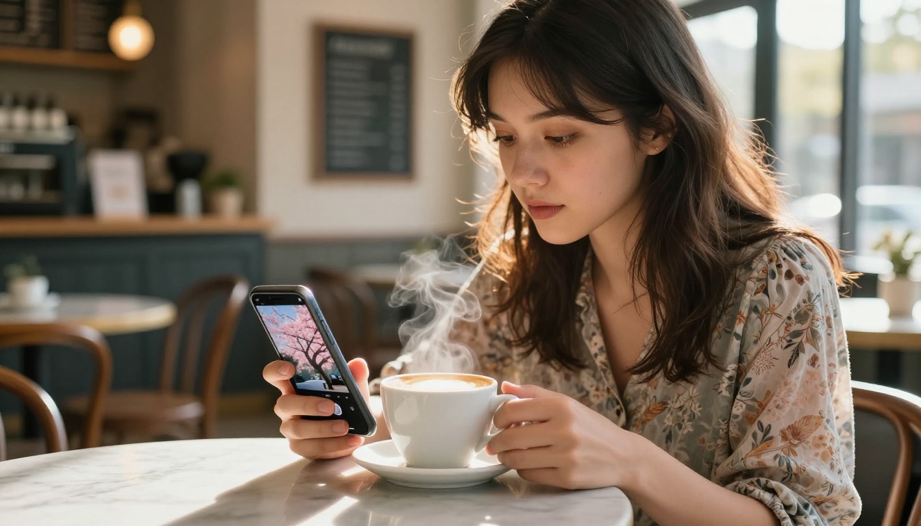Young woman in a sunlit café watching AI-generated video on her smartphone