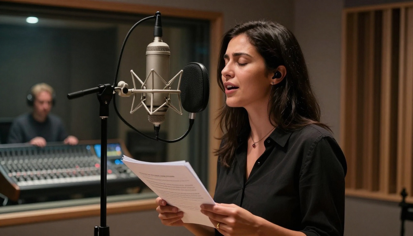 Professional female vocalist performing in a high-end recording booth with engineer visible through studio glass