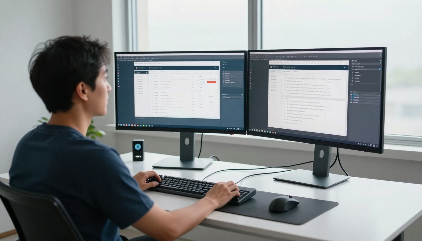 Creative professional at a modern standing desk with two curved monitors displaying different AI music software interfaces side by side