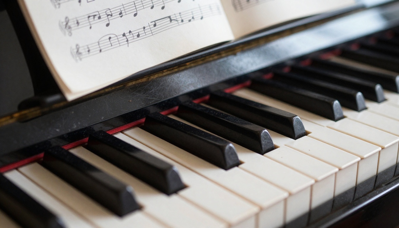 Extreme close-up of aged grand piano keys with handwritten sheet music above, soft diffused window light