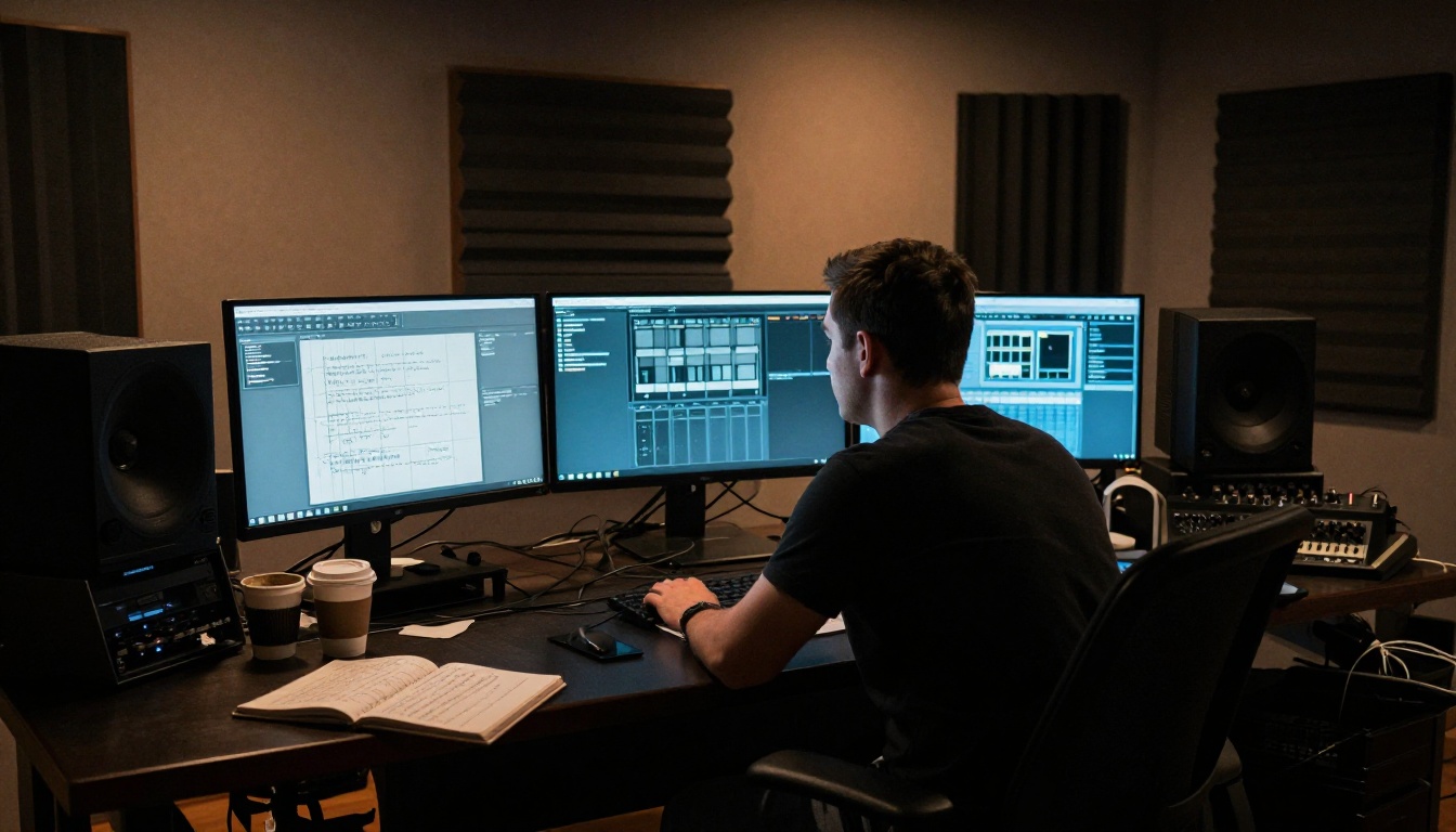 Music producer working alone at late night in a studio, silhouetted against the warm and cool glow of multiple monitors