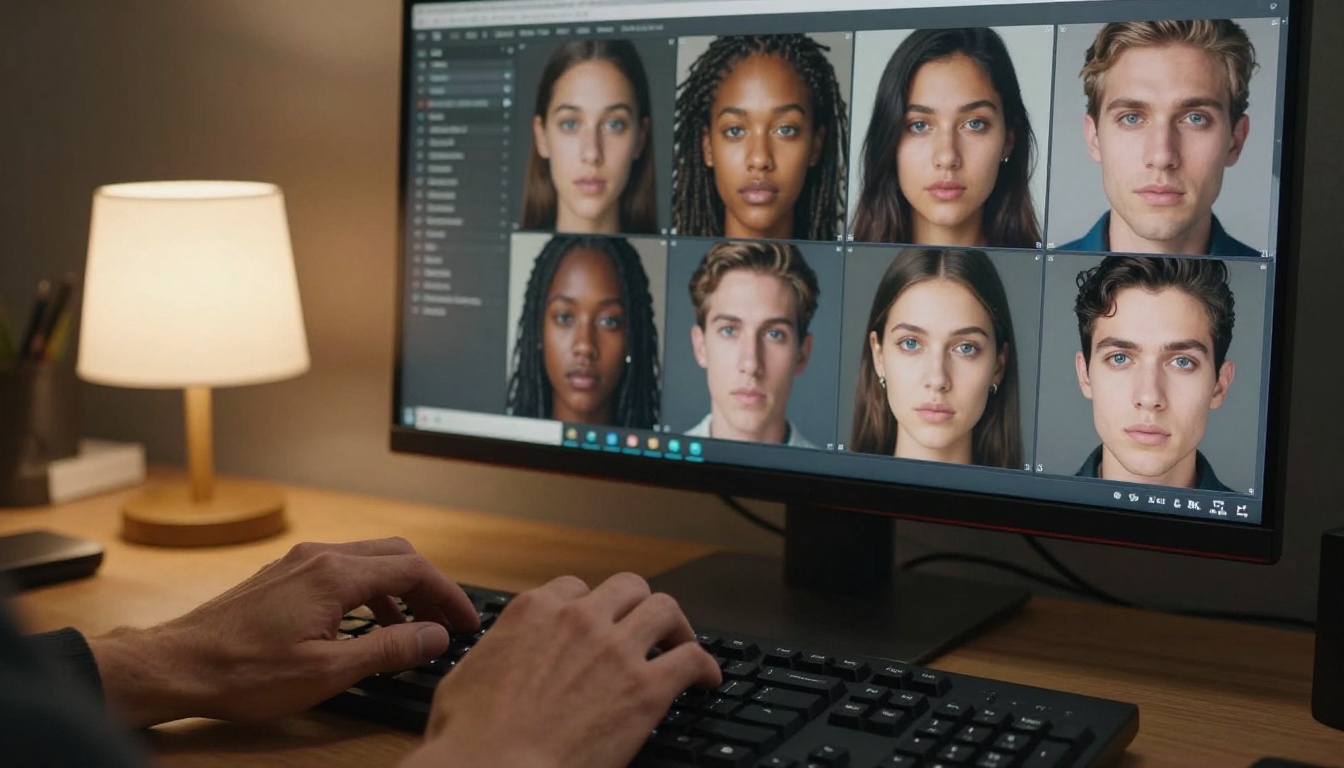 Hands resting on a mechanical keyboard with photorealistic AI-generated portraits visible on a glowing monitor behind Hands resting on a mechanical keyboard with photorealistic AI-generated portraits visible on a glowing monitor behind