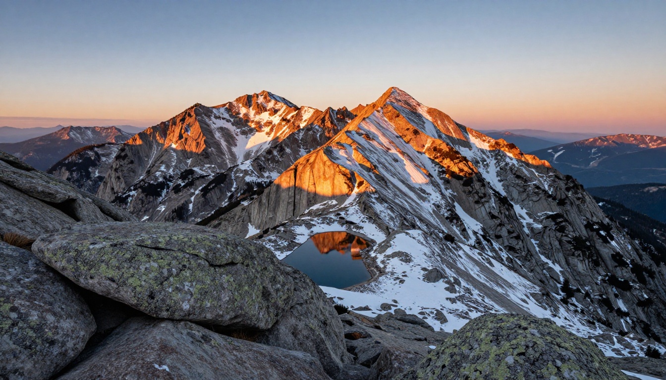 Snow-dusted granite mountain peaks at golden hour with warm copper light and an alpine lake below