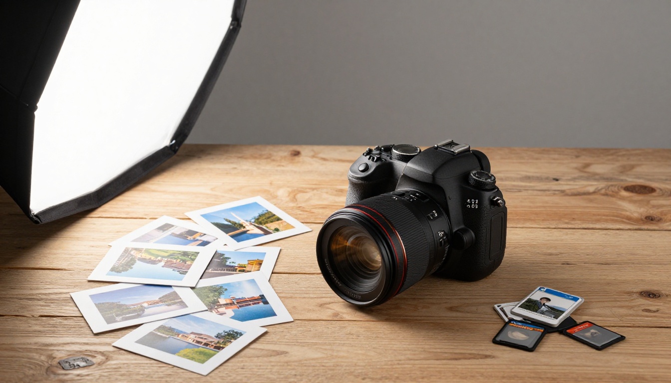 DSLR camera body surrounded by printed photographs in a flat-lay overhead product photography setup DSLR camera body surrounded by printed photographs in a flat-lay overhead product photography setup