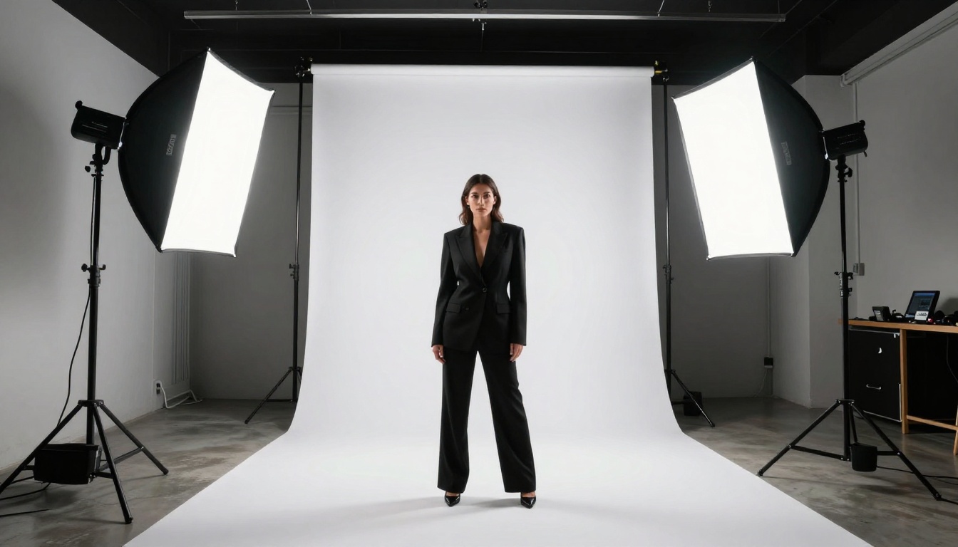 Professional photography studio with a model posing in front of studio lighting demonstrating real-world AI image comparison context Professional photography studio with a model posing in front of studio lighting demonstrating real-world AI image comparison context