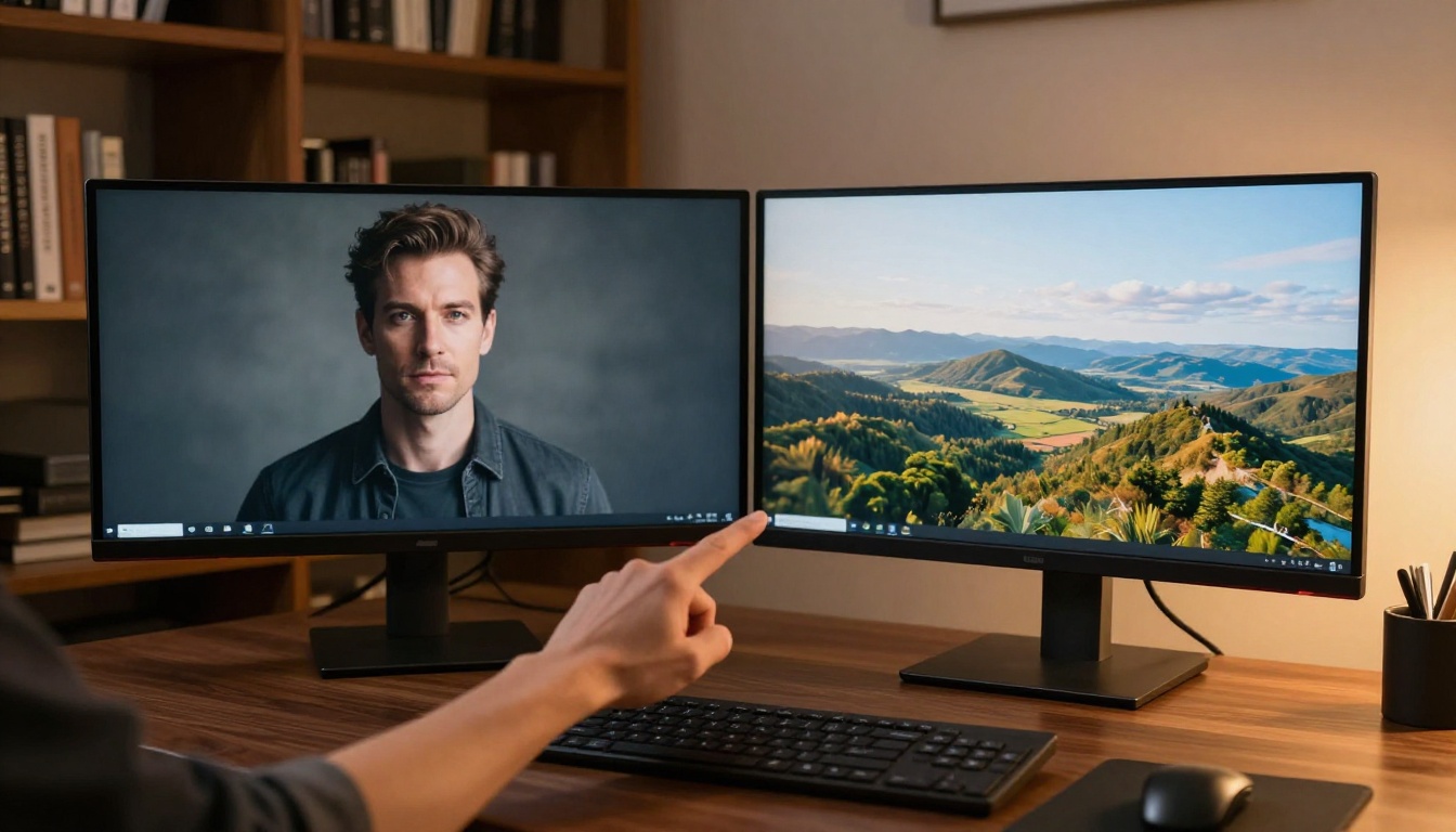 Two ultrawide monitors displaying different AI-generated images side by side being compared in a professional workspace Two ultrawide monitors displaying different AI-generated images side by side being compared in a professional workspace
