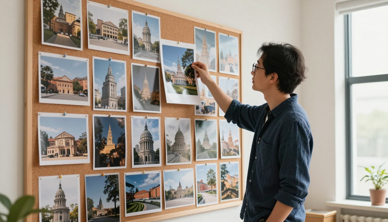 Creative director reviewing printed AI-generated photographs pinned to a large cork mood board wall