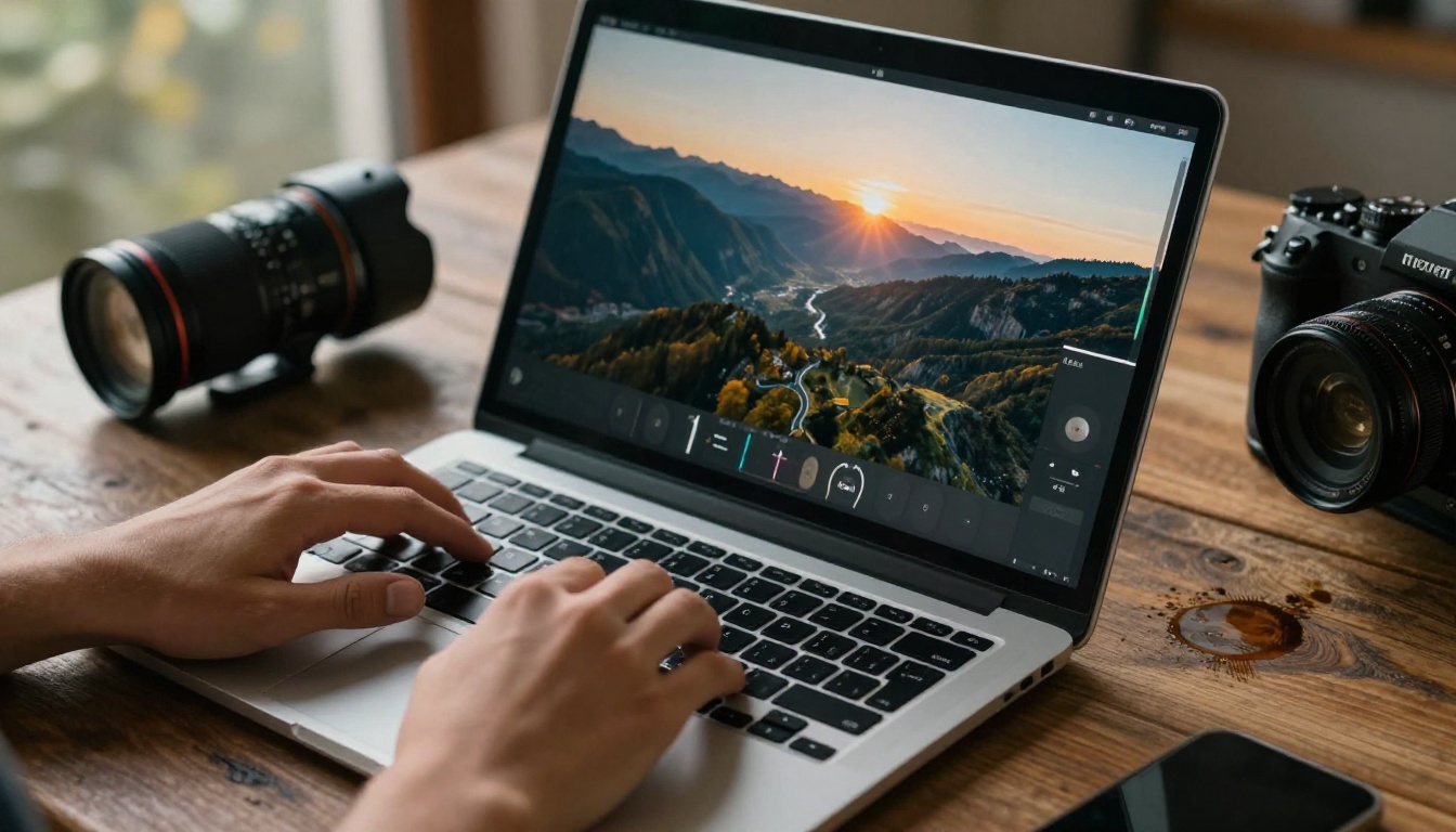 AI filmmaker's hands working on a laptop with cinematic mountain valley footage on screen