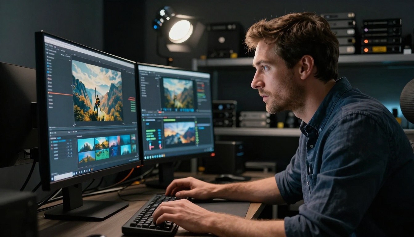 Professional video editor leaning forward studying AI-generated cinematic footage on a studio monitor