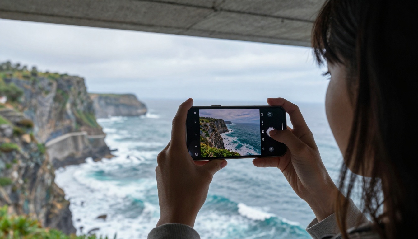 Woman looking at AI-generated aerial ocean video on her smartphone near a bright window