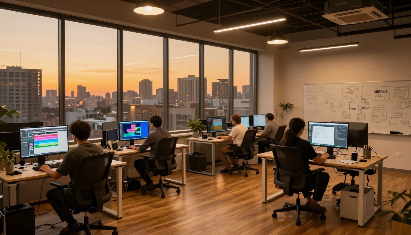 Modern creative agency office at dusk with designers generating AI video content on large monitors