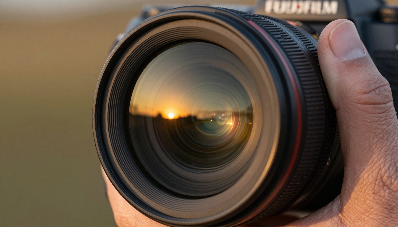 Extreme macro close-up of a professional camera lens reflecting a cinematic sunset, strong side lighting