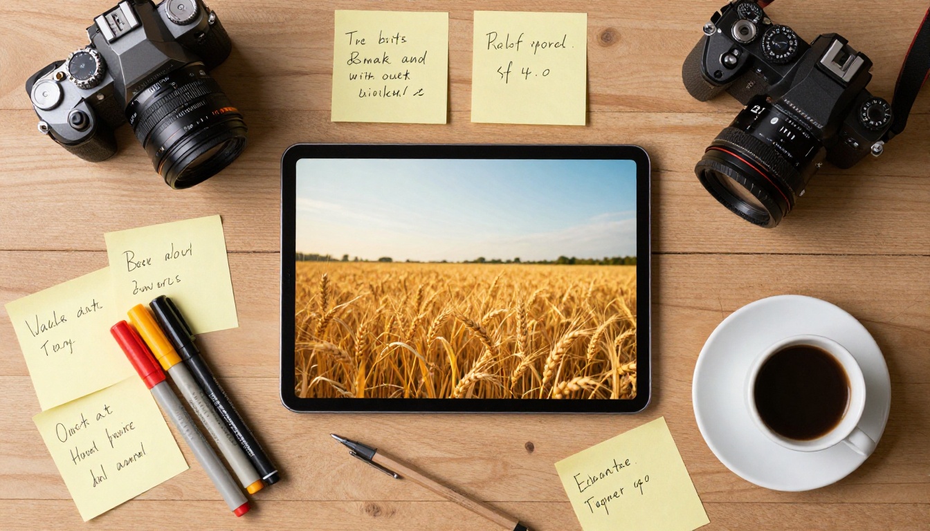 Overhead flat-lay of a creative workspace with tablet showing AI-generated golden wheat field footage