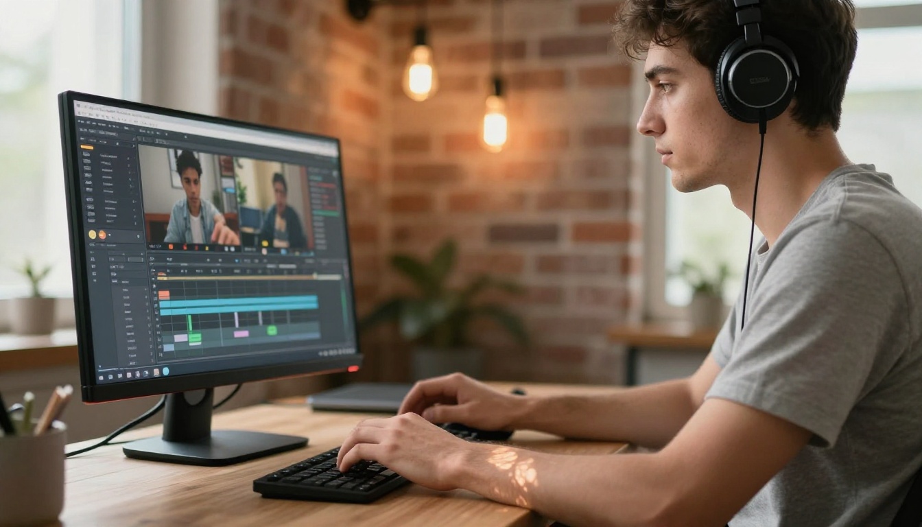 Young man in headphones editing AI video on a touchscreen timeline, exposed brick studio background